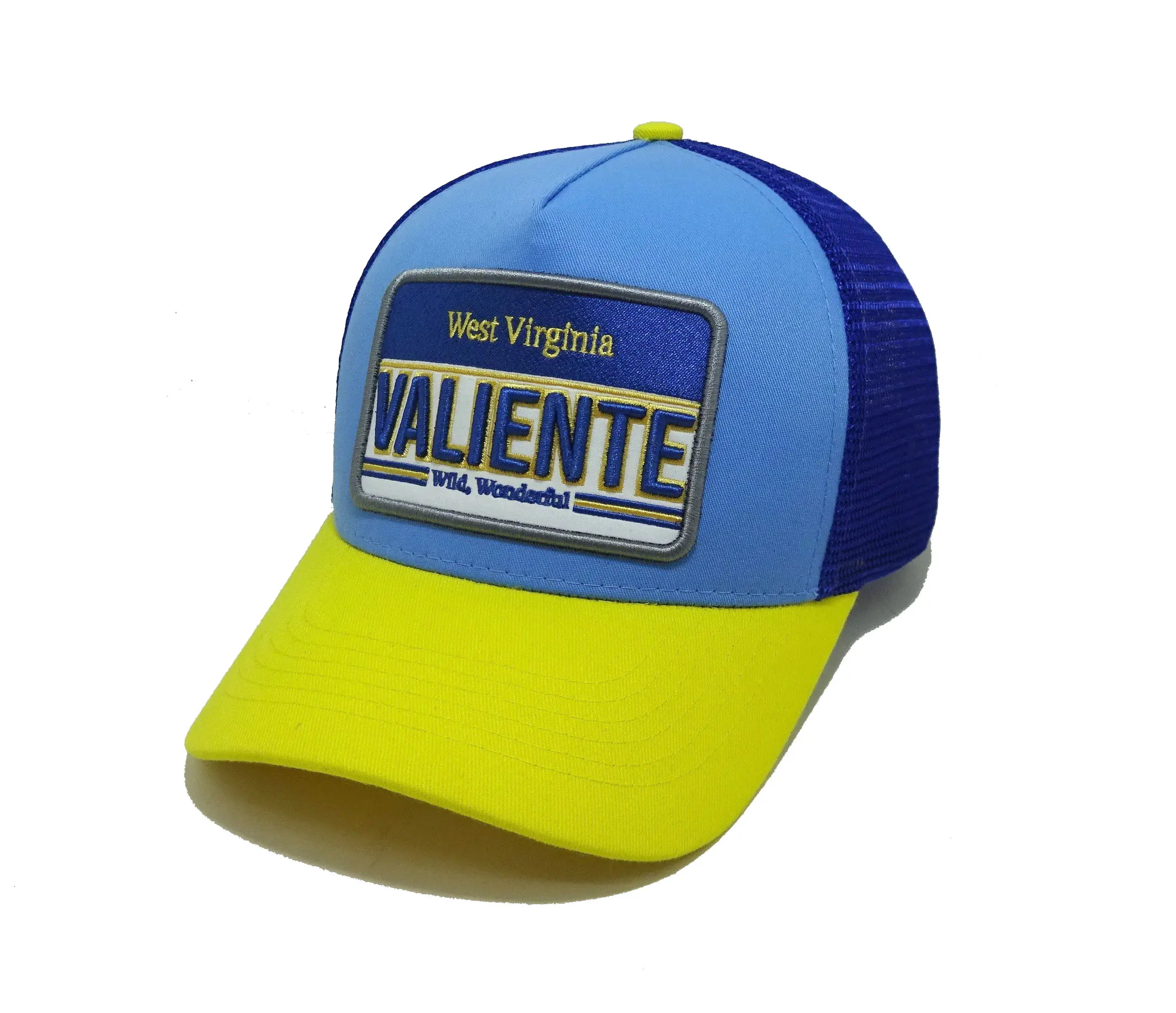 Tri Color 5 panels Trucker Hat Embroidery logo on Patch Light blue With NAvy MEsh Sport Dad cap for man Vietnam Supplier 1