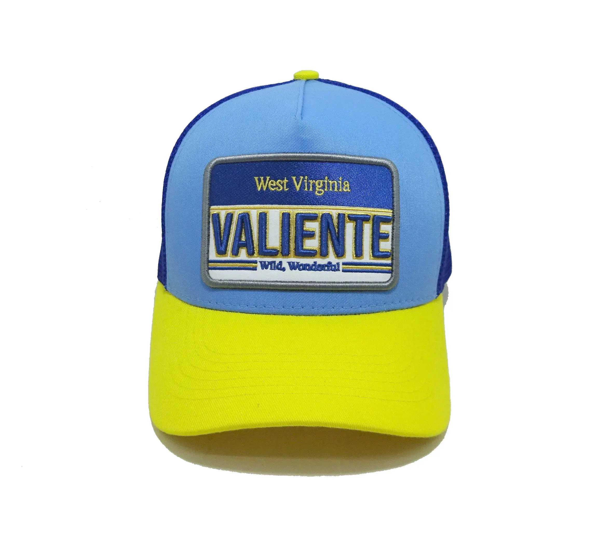 Tri Color 5 panels Trucker Hat Embroidery logo on Patch Light blue With NAvy MEsh Sport Dad cap for man Vietnam Supplier 3