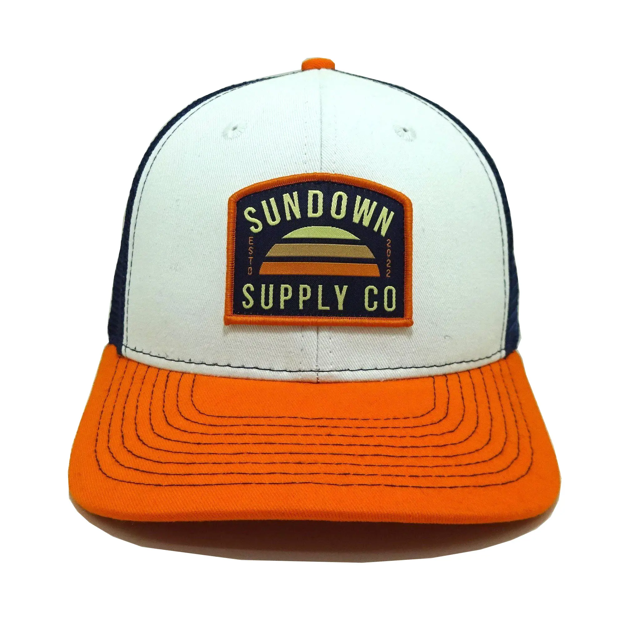 Tri Color Sundown Logo Trucker Hats Custom Snapback Caps Custom Woven Patch Vietnam Promotional Hat 1