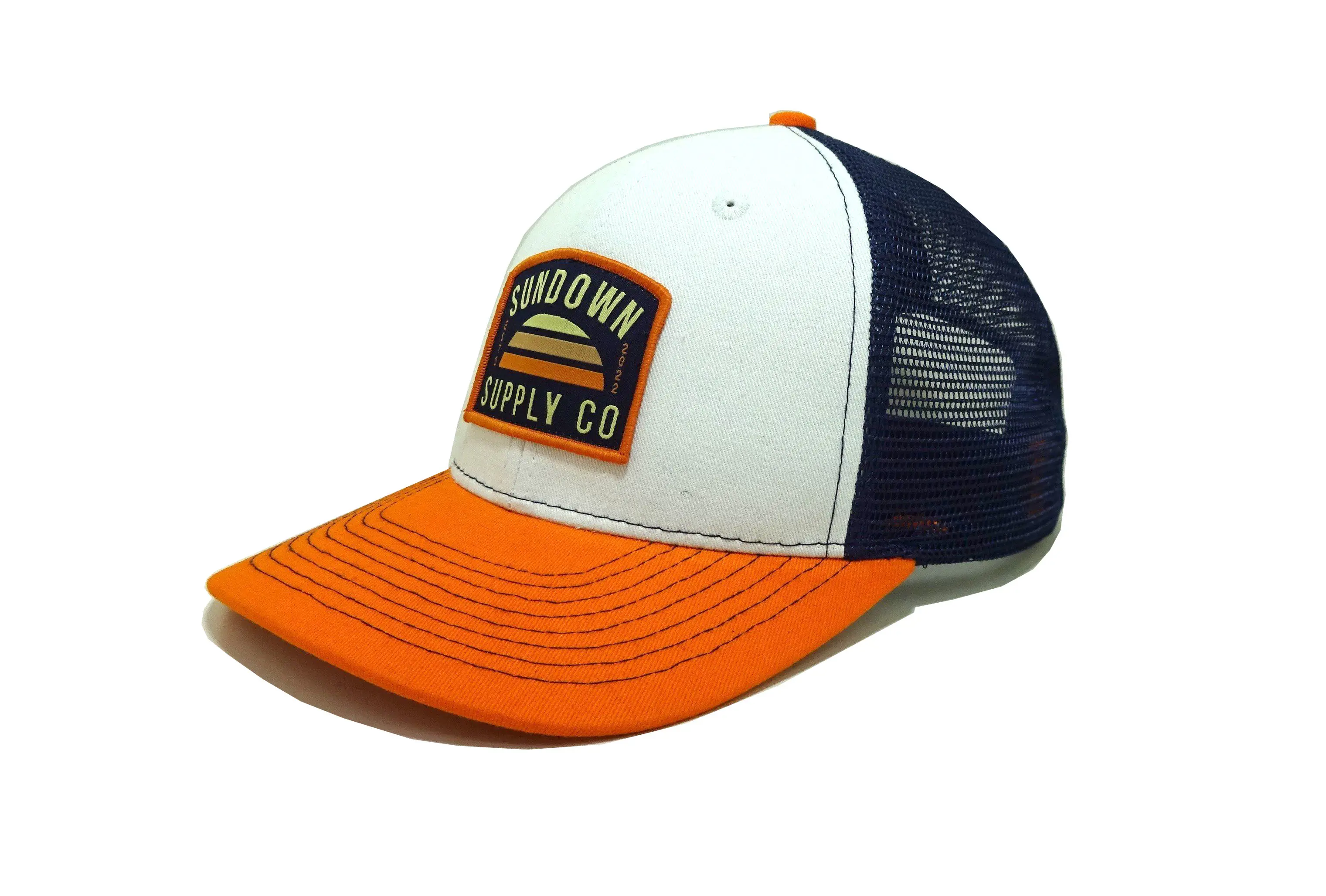 Tri Color Sundown Logo Trucker Hats Custom Snapback Caps Custom Woven Patch Vietnam Promotional Hat 2