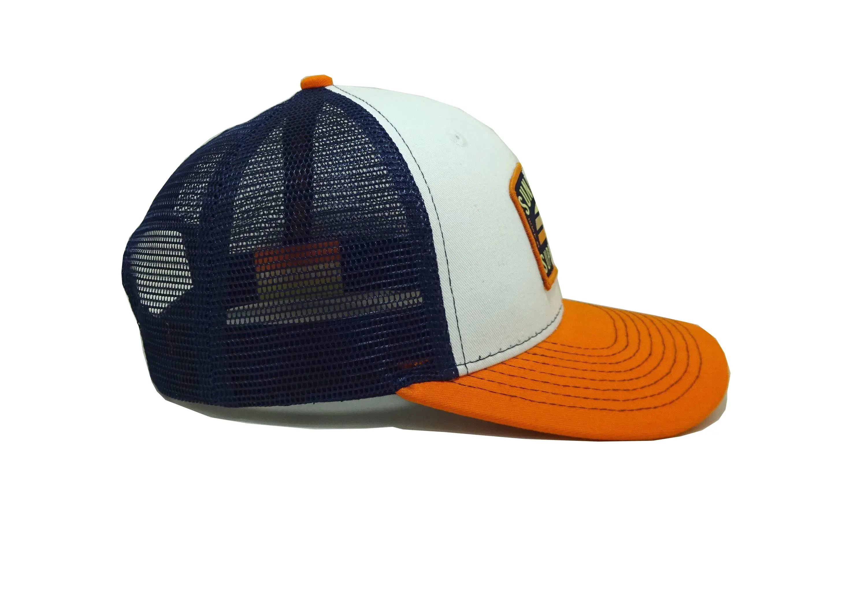 Tri Color Sundown Logo Trucker Hats Custom Snapback Caps Custom Woven Patch Vietnam Promotional Hat 4