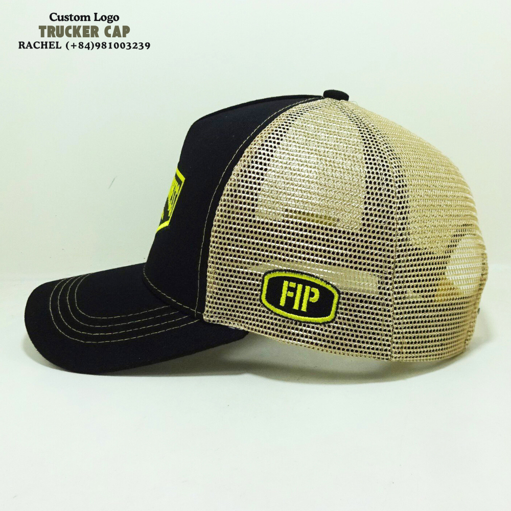 Trucker Hat 6 Panels Gorras Embroidered Logo Patches On Front And Left Side Contrast Color Black/Yellow Inner Tapes Snapback OEM 3