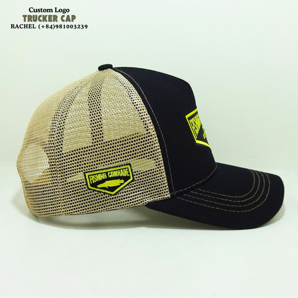 Trucker Hat 6 Panels Gorras Embroidered Logo Patches On Front And Left Side Contrast Color Black/Yellow Inner Tapes Snapback OEM 4
