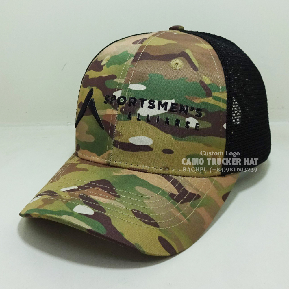 Trucker Hats 6 Panel Camouflage/Black Curved Brim Adjustable Snapback Closure Breathable Mesh Unisex Vietnam Headwear Factory 3