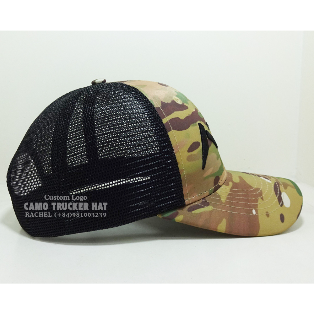 Trucker Hats 6 Panel Camouflage/Black Curved Brim Adjustable Snapback Closure Breathable Mesh Unisex Vietnam Headwear Factory 5