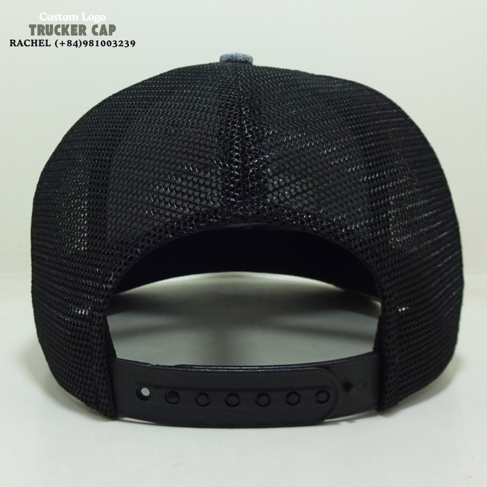 Trucker Hats 6 Panels Embroidered Logo Patches Curved Brim Breathable Mesh Heather Gray/Black Structured Single Row Snapback OEM 6