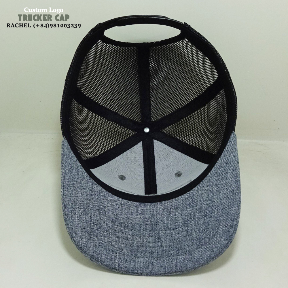 Trucker Hats 6 Panels Embroidered Logo Patches Curved Brim Breathable Mesh Heather Gray/Black Structured Single Row Snapback OEM 5
