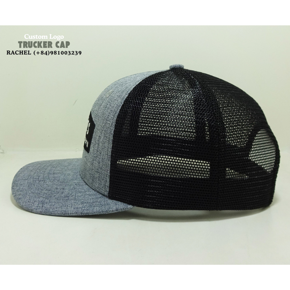 Trucker Hats 6 Panels Embroidered Logo Patches Curved Brim Breathable Mesh Heather Gray/Black Structured Single Row Snapback OEM 3