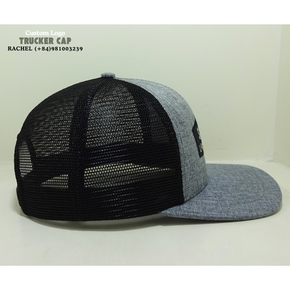 Trucker Hats 6 Panels Embroidered Logo Patches Curved Brim Breathable Mesh Heather Gray/Black Structured Single Row Snapback OEM 4