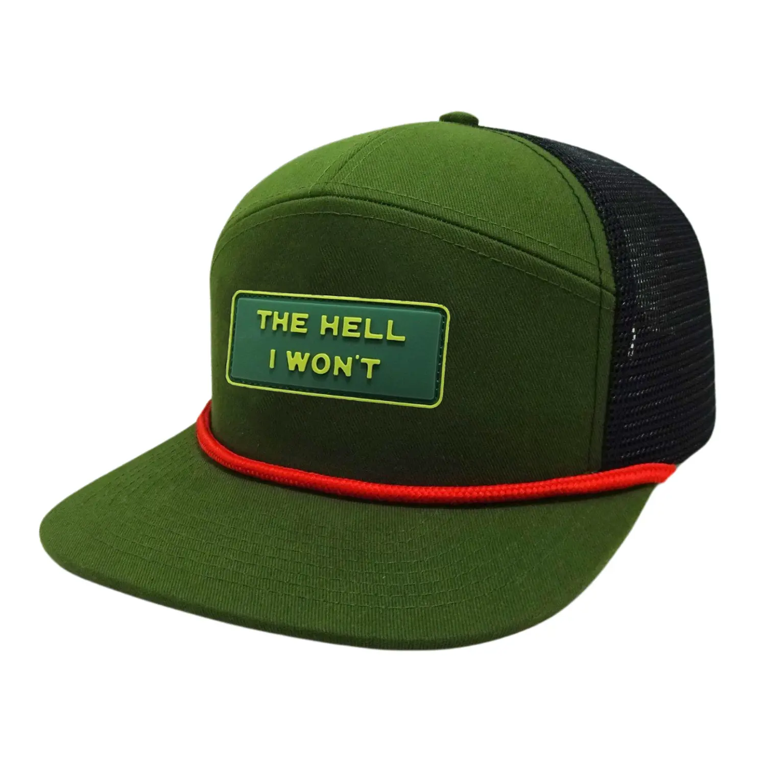 Trucker Hats 7 Panel Rubber/PVC Logo Patches With Rope Contrast Color Green/Black Snapback Single Row Buckle Printed Inner Tapes 3