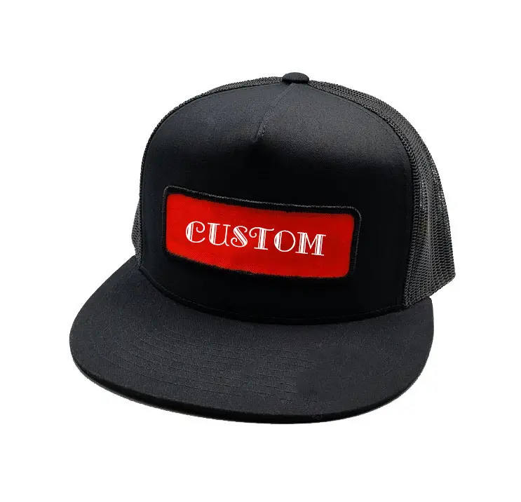 Trucker Hats High Quality Wholesale Products 5-Panel Flat Brim Black Color Medium Profile Mesh Back Cap Sports Cap Trucker Hat 2