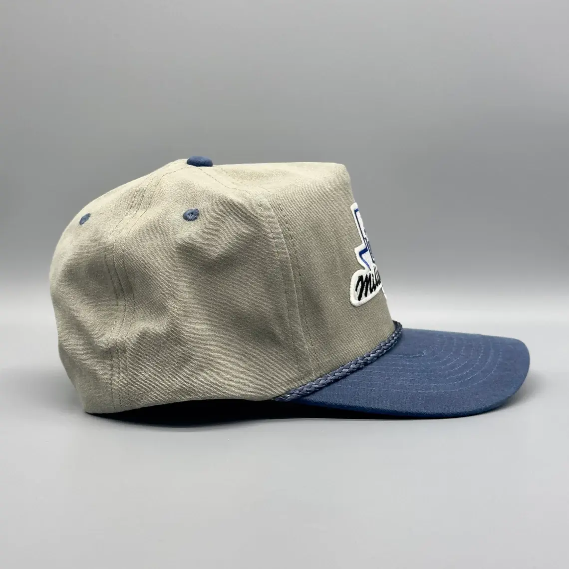 Unisex 5-Panel Woven Patch logo Curved Brim High Quality Beige/Blue Color Medium Profile Snapback Cap From Vietnam Supplier 4