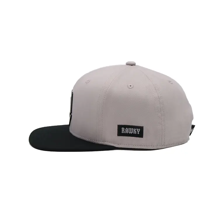Unisex Design Adjustable 6-Panel Flat Brim High Quality Grey Color High Profile 65% Cotton and 35% Polyester Fabric Snapback Cap 4