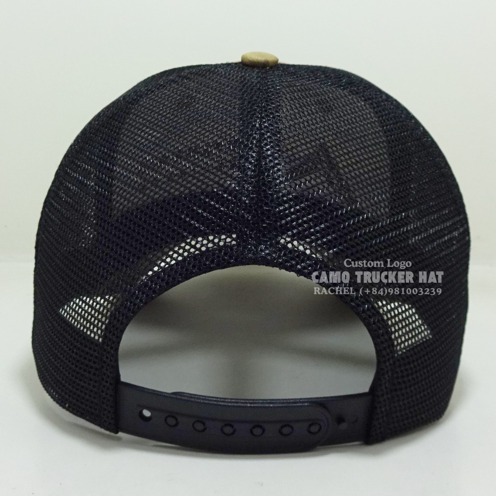 Vietnam Headwear Factory Camo Trucker Hats 3D Embroidered Logo On Front Curved Brim Adjustable Snapback Sporty Styles Branding 7