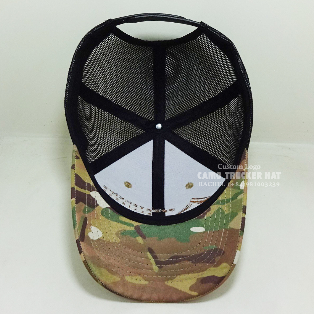 Vietnam Headwear Factory Camo Trucker Hats 3D Embroidered Logo On Front Curved Brim Adjustable Snapback Sporty Styles Branding 6