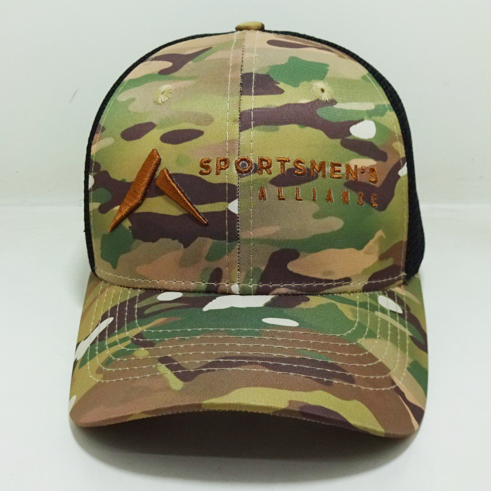 Vietnam Headwear Factory Camo Trucker Hats 3D Embroidered Logo On Front Curved Brim Adjustable Snapback Sporty Styles Branding 2