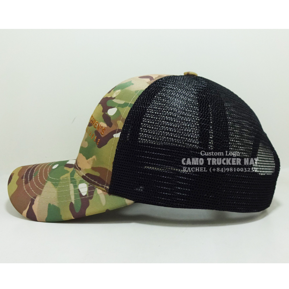 Vietnam Headwear Factory Camo Trucker Hats 3D Embroidered Logo On Front Curved Brim Adjustable Snapback Sporty Styles Branding 4