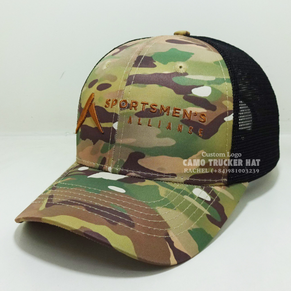 Vietnam Headwear Factory Camo Trucker Hats 3D Embroidered Logo On Front Curved Brim Adjustable Snapback Sporty Styles Branding 3