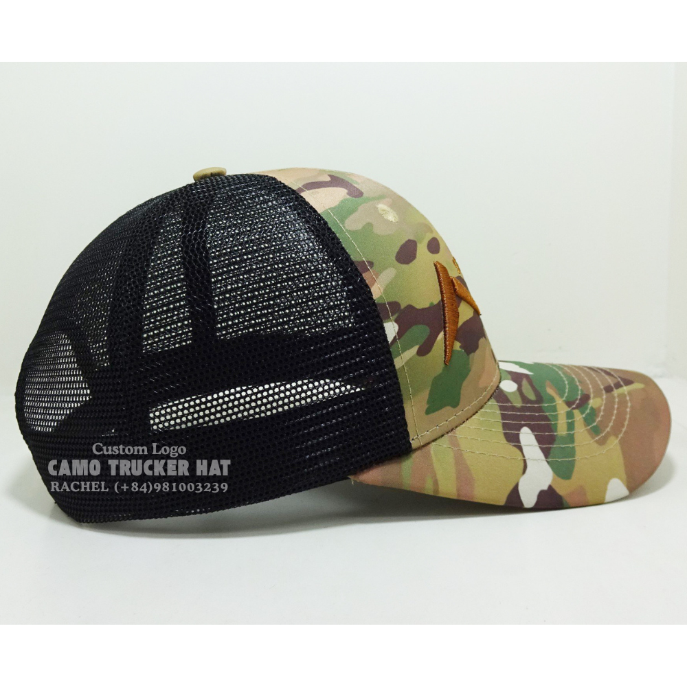 Vietnam Headwear Factory Camo Trucker Hats 3D Embroidered Logo On Front Curved Brim Adjustable Snapback Sporty Styles Branding 5