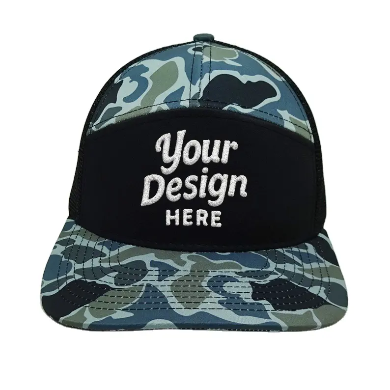 Vietnam Made Camo 7 Panel Trucker Hat With Breathable Mesh Back Custom Design Logo Caps For Hunting Outdoor Brand Promotion  L01 3