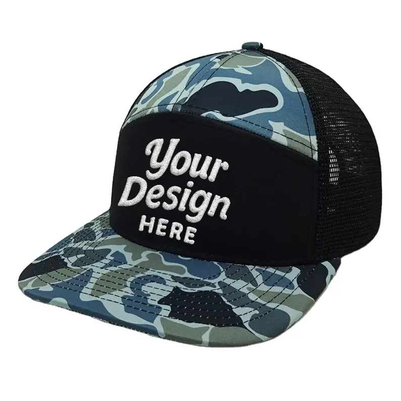 Vietnam Made Camo 7 Panel Trucker Hat With Breathable Mesh Back Custom Design Logo Caps For Hunting Outdoor Brand Promotion  L01 2