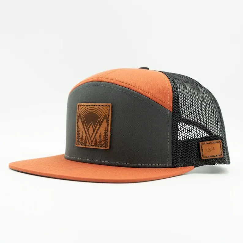Vietnam Made Trucker Hat OEM Custom Leather Patch Flat Bill Breathable Mesh Back Cap For Unisex Travel Casual Style Promotion L1 2