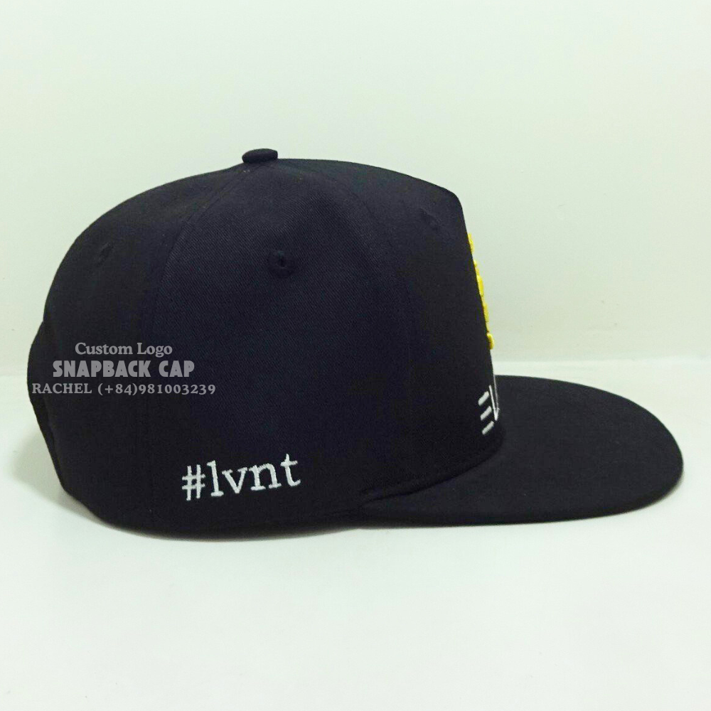 Vietnam Wholesale Black Snapback High Profile Embroidered 3D Embroidered Logo Fully Custom Inner Tapes Hip Hop Style Fashionable 5