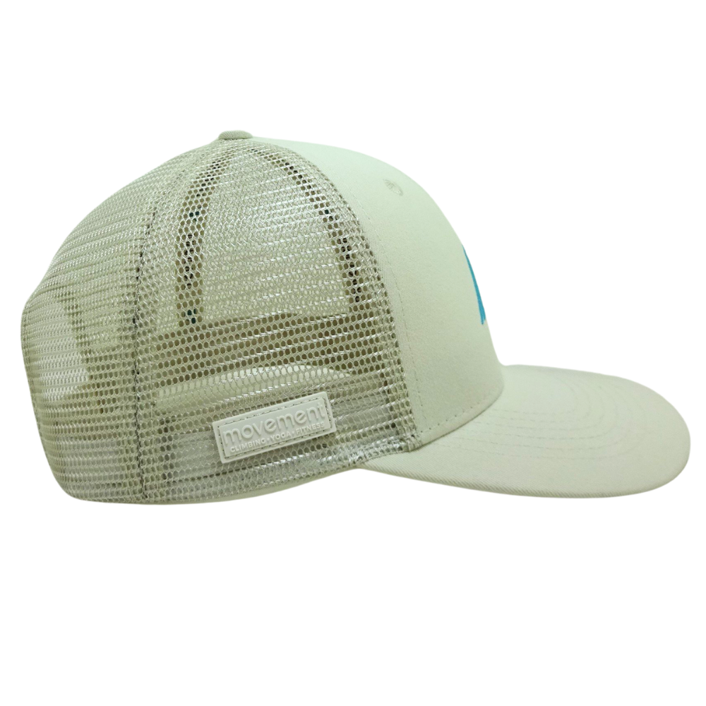 White 6 Panel Trucker Hat Embroidered Rubber Logo Patch on Left Side Plastic Single Breasted Buckle Flat Brim Printed Seam Tapes 5