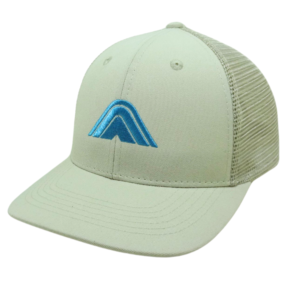 White 6 Panel Trucker Hat Embroidered Rubber Logo Patch on Left Side Plastic Single Breasted Buckle Flat Brim Printed Seam Tapes 3