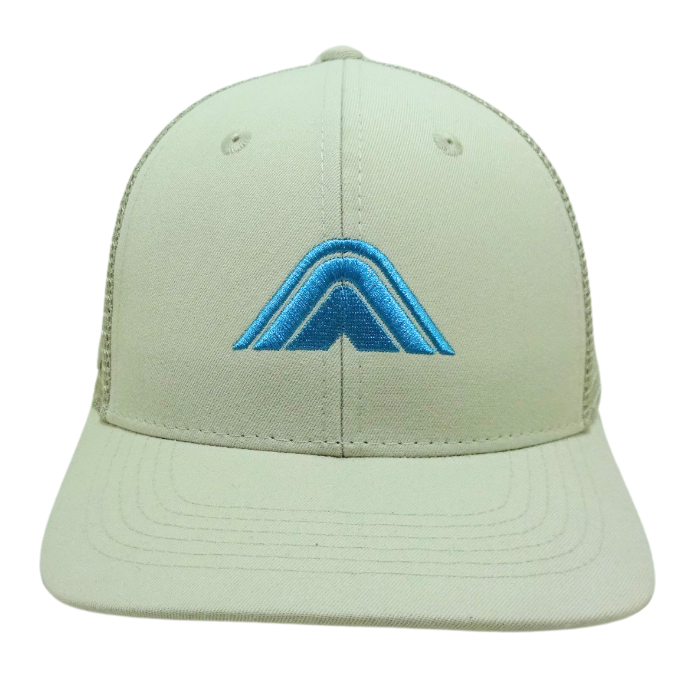 White 6 Panel Trucker Hat Embroidered Rubber Logo Patch on Left Side Plastic Single Breasted Buckle Flat Brim Printed Seam Tapes 2