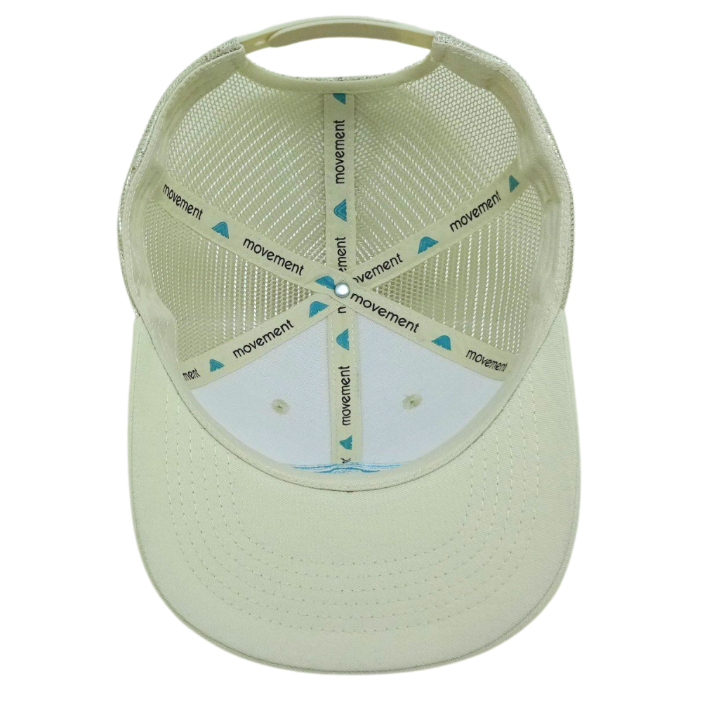 White 6 Panel Trucker Hat Embroidered Rubber Logo Patch on Left Side Plastic Single Breasted Buckle Flat Brim Printed Seam Tapes 6