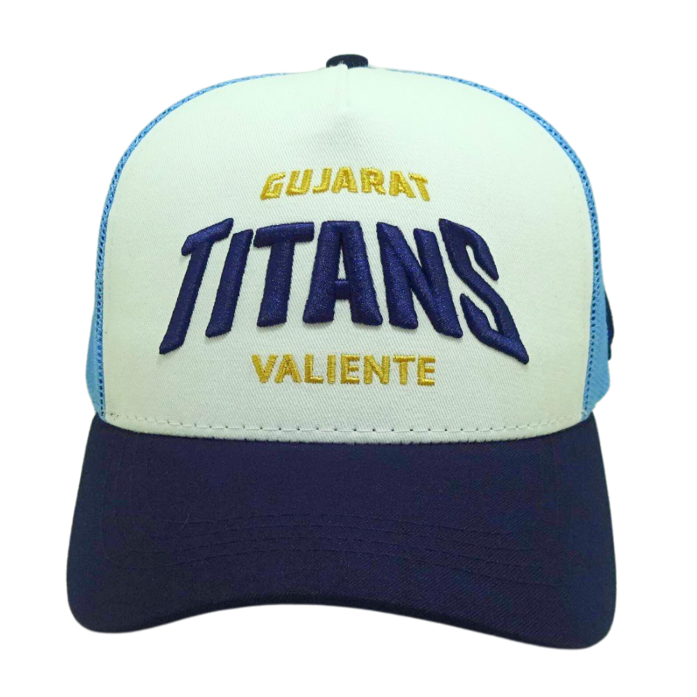 White Blue 3D Puff Embroidery Trucker Hat Structured Custom Button Inner Printed Seam Tapes Logo on Curved Back Wholesale Unisex 2