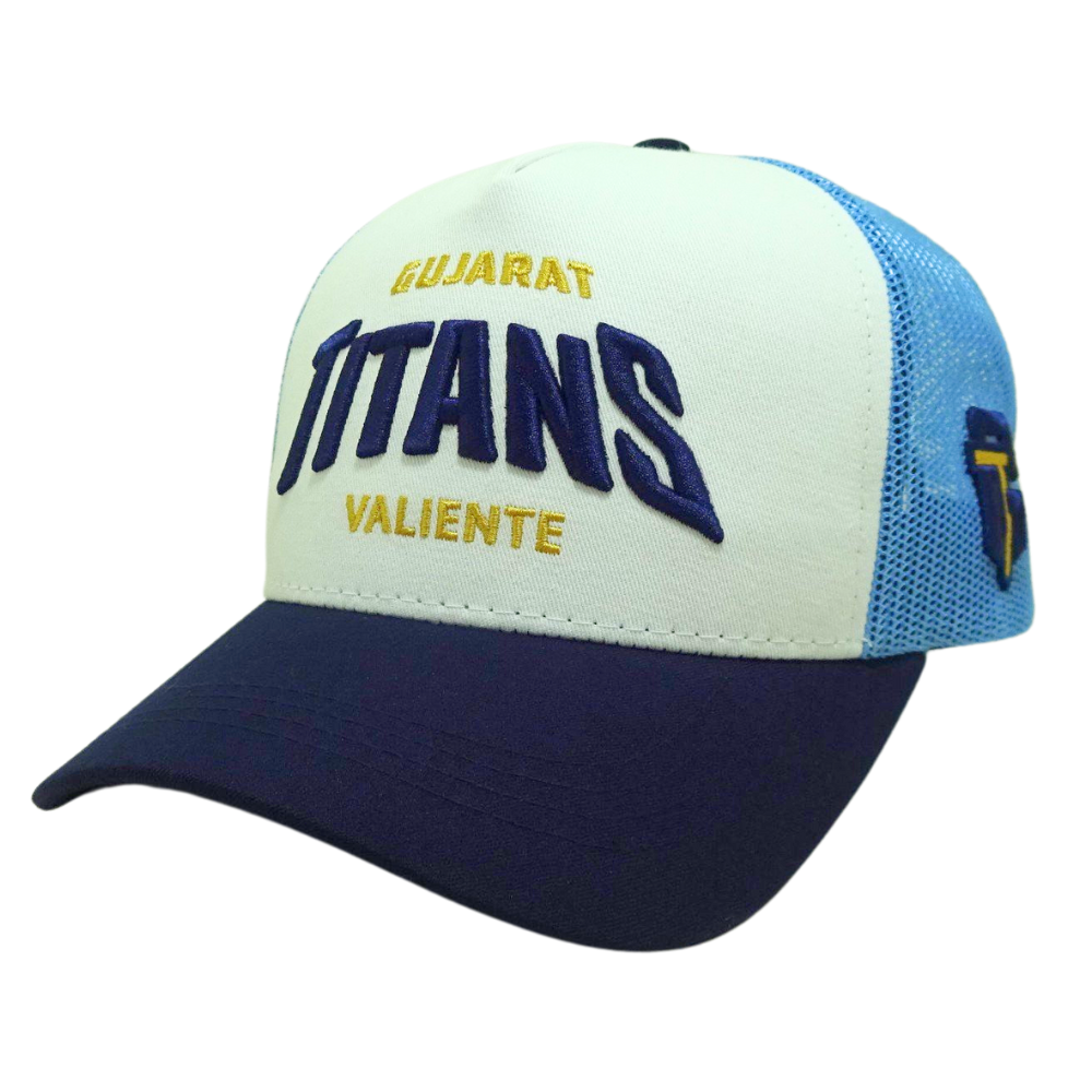 White Blue 3D Puff Embroidery Trucker Hat Structured Custom Button Inner Printed Seam Tapes Logo on Curved Back Wholesale Unisex 3