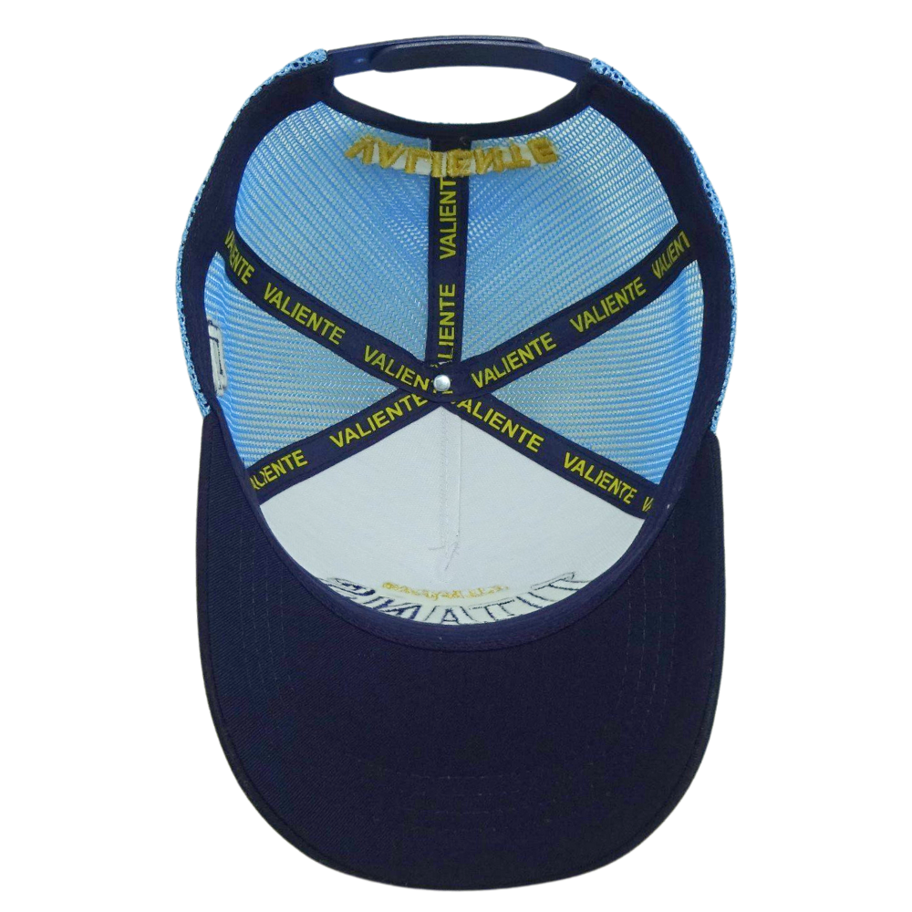 White Blue 3D Puff Embroidery Trucker Hat Structured Custom Button Inner Printed Seam Tapes Logo on Curved Back Wholesale Unisex 6