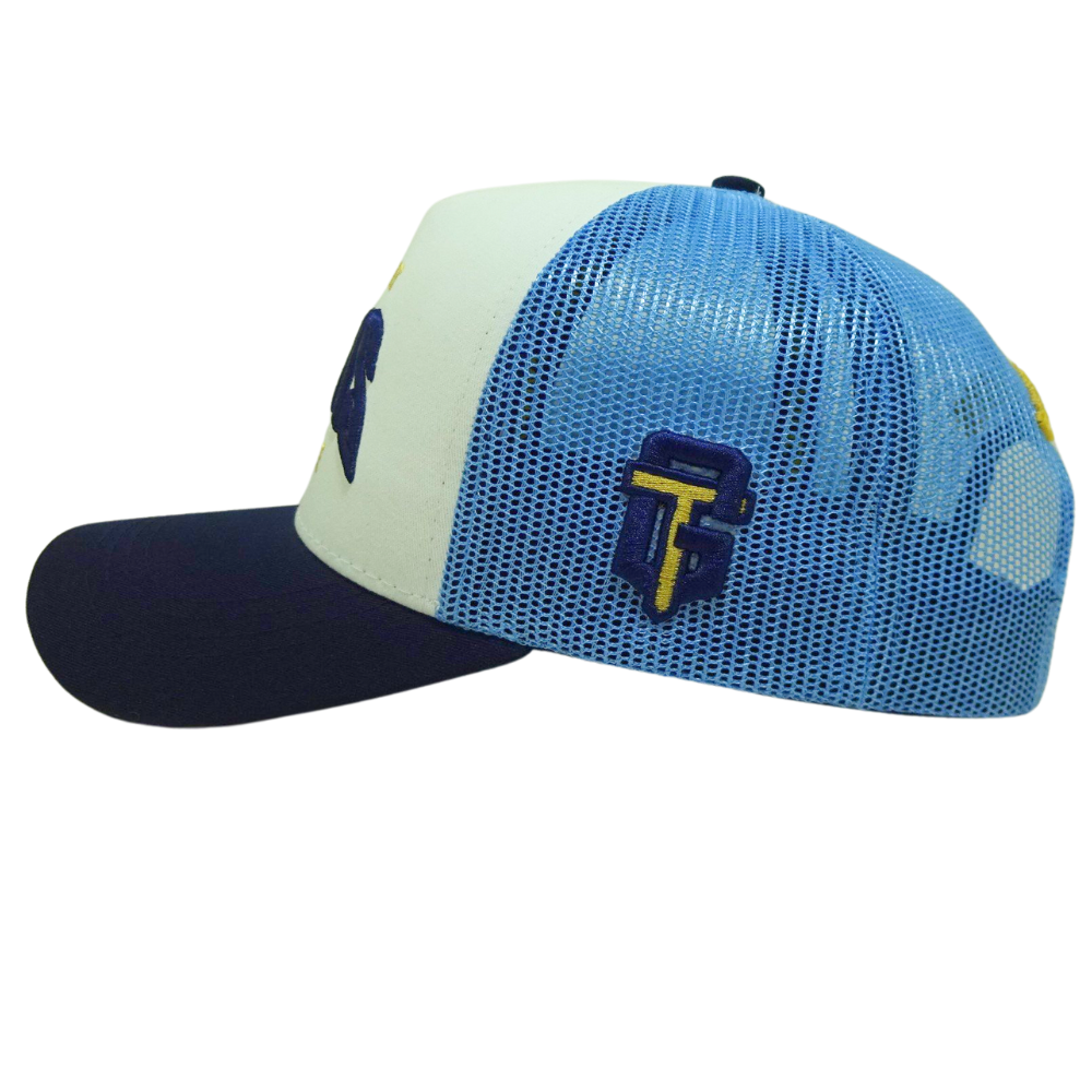 White Blue 3D Puff Embroidery Trucker Hat Structured Custom Button Inner Printed Seam Tapes Logo on Curved Back Wholesale Unisex 4