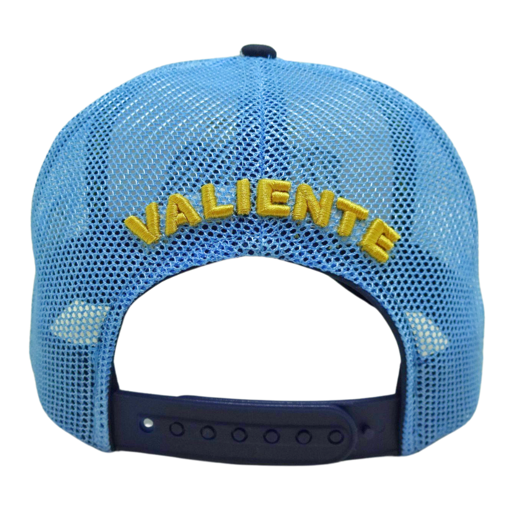 White Blue 3D Puff Embroidery Trucker Hat Structured Custom Button Inner Printed Seam Tapes Logo on Curved Back Wholesale Unisex 7