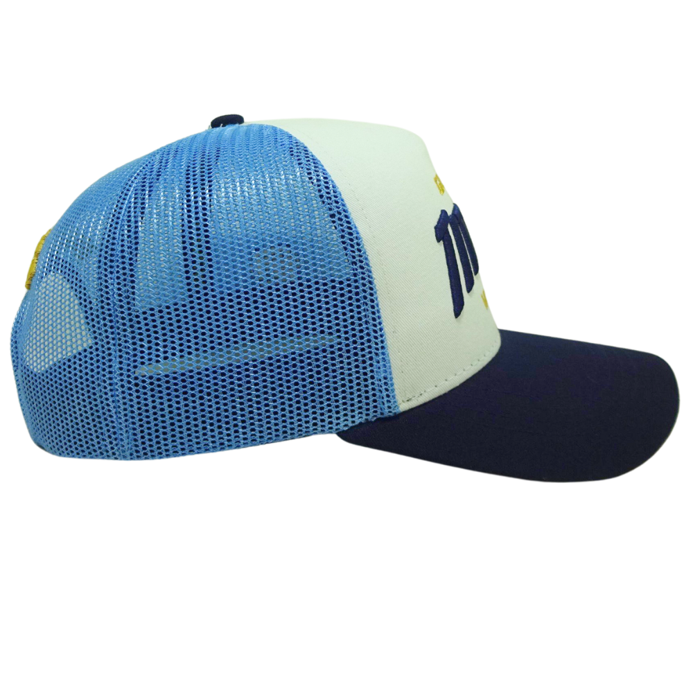 White Blue 3D Puff Embroidery Trucker Hat Structured Custom Button Inner Printed Seam Tapes Logo on Curved Back Wholesale Unisex 5