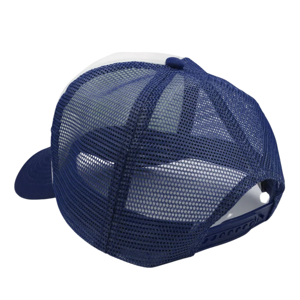 White/Blue Foam Trucker Hat 5 Panel Curved Brim Inner Lining Tag On Sweatband Adjustable Snapback Closure For Men Women Sporty 4