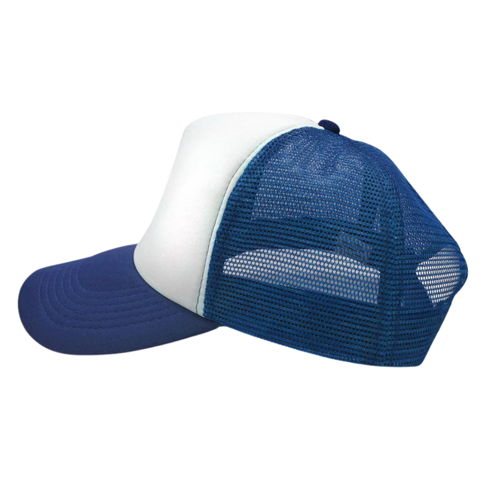 White/Blue Foam Trucker Hat 5 Panel Curved Brim Inner Lining Tag On Sweatband Adjustable Snapback Closure For Men Women Sporty 3