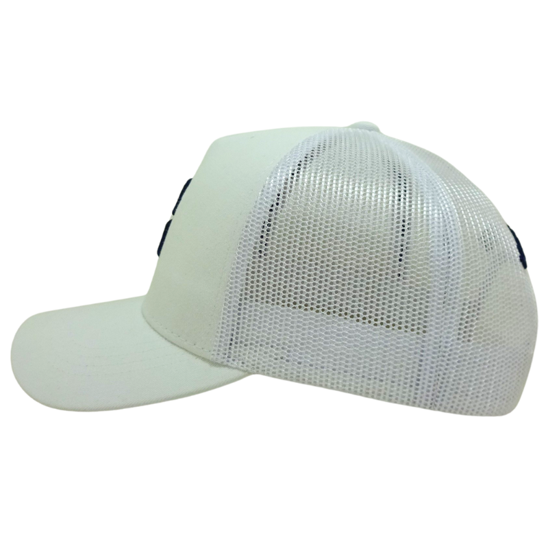 White Mesh Trucker Hat with Bold 3D Embroidery Logo Front Panel Curved Brim Label Inner Tape Caps Vietnam OEM Manufacturer 5
