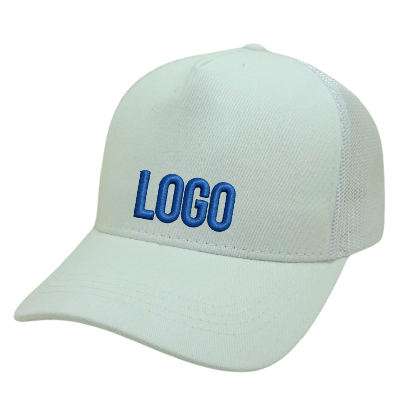 White Mesh Trucker Hat with Bold 3D Embroidery Logo Front Panel Curved Brim Label Inner Tape Caps Vietnam OEM Manufacturer 3