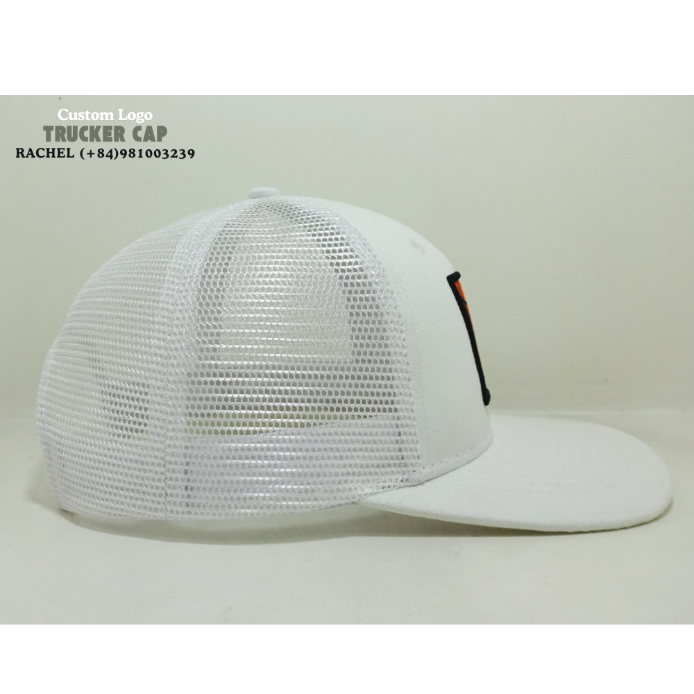 White Trucker Hat 6 Panel Structured Cap Embroidered Logo Patch Slightly Curved Brim Breathable Mesh Adjustable Snapback Closure 5