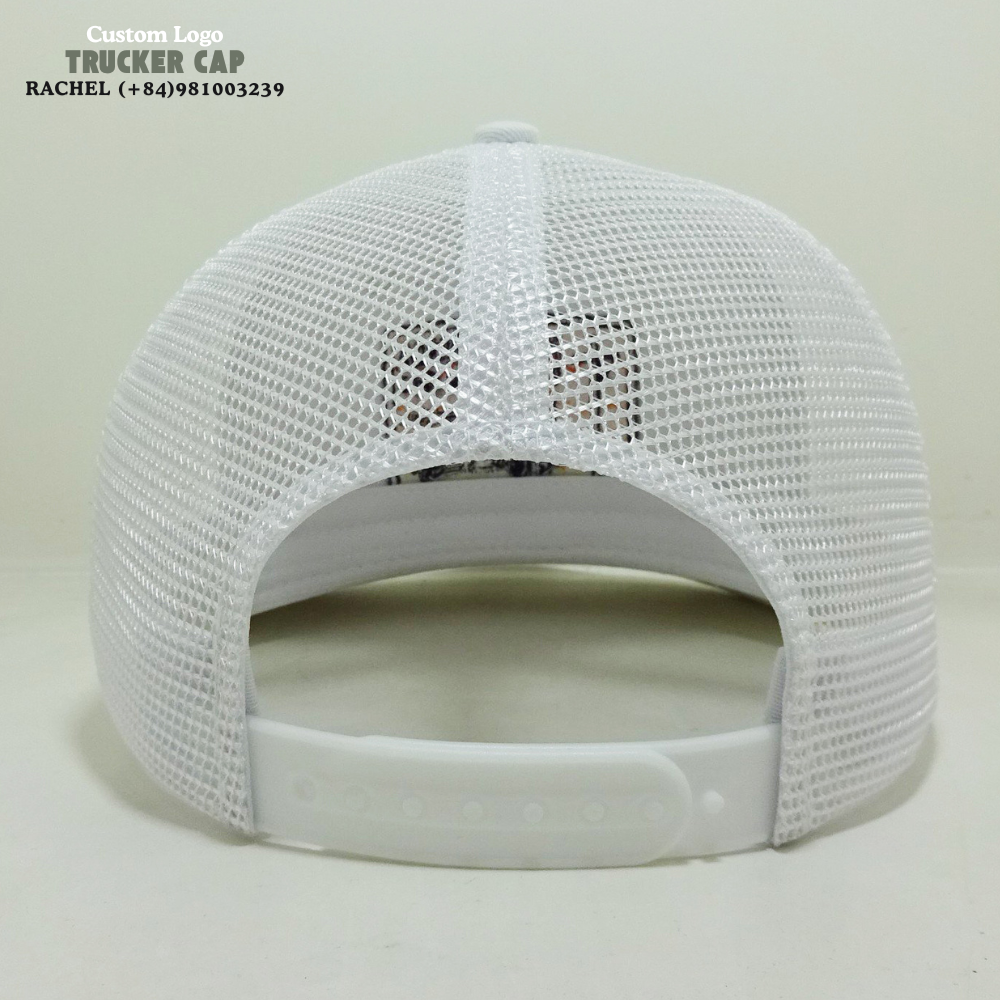 White Trucker Hat 6 Panel Structured Cap Embroidered Logo Patch Slightly Curved Brim Breathable Mesh Adjustable Snapback Closure 7