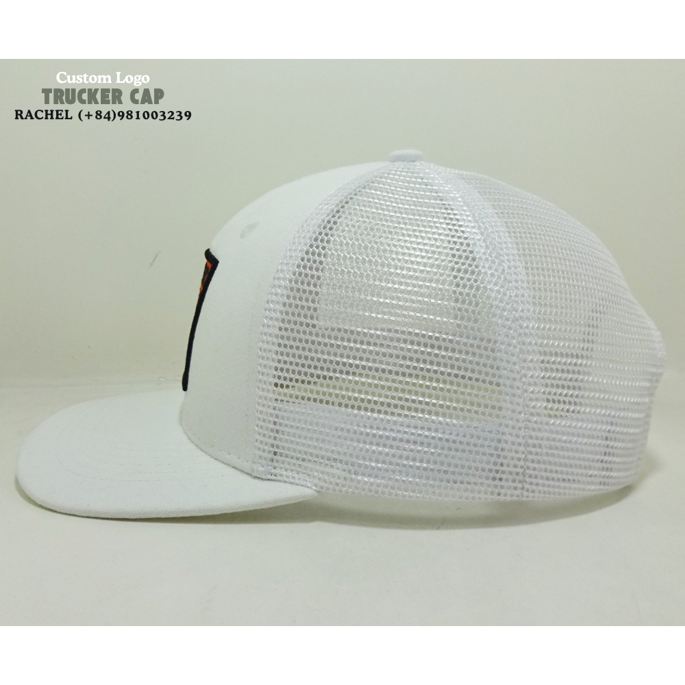 White Trucker Hat 6 Panel Structured Cap Embroidered Logo Patch Slightly Curved Brim Breathable Mesh Adjustable Snapback Closure 4