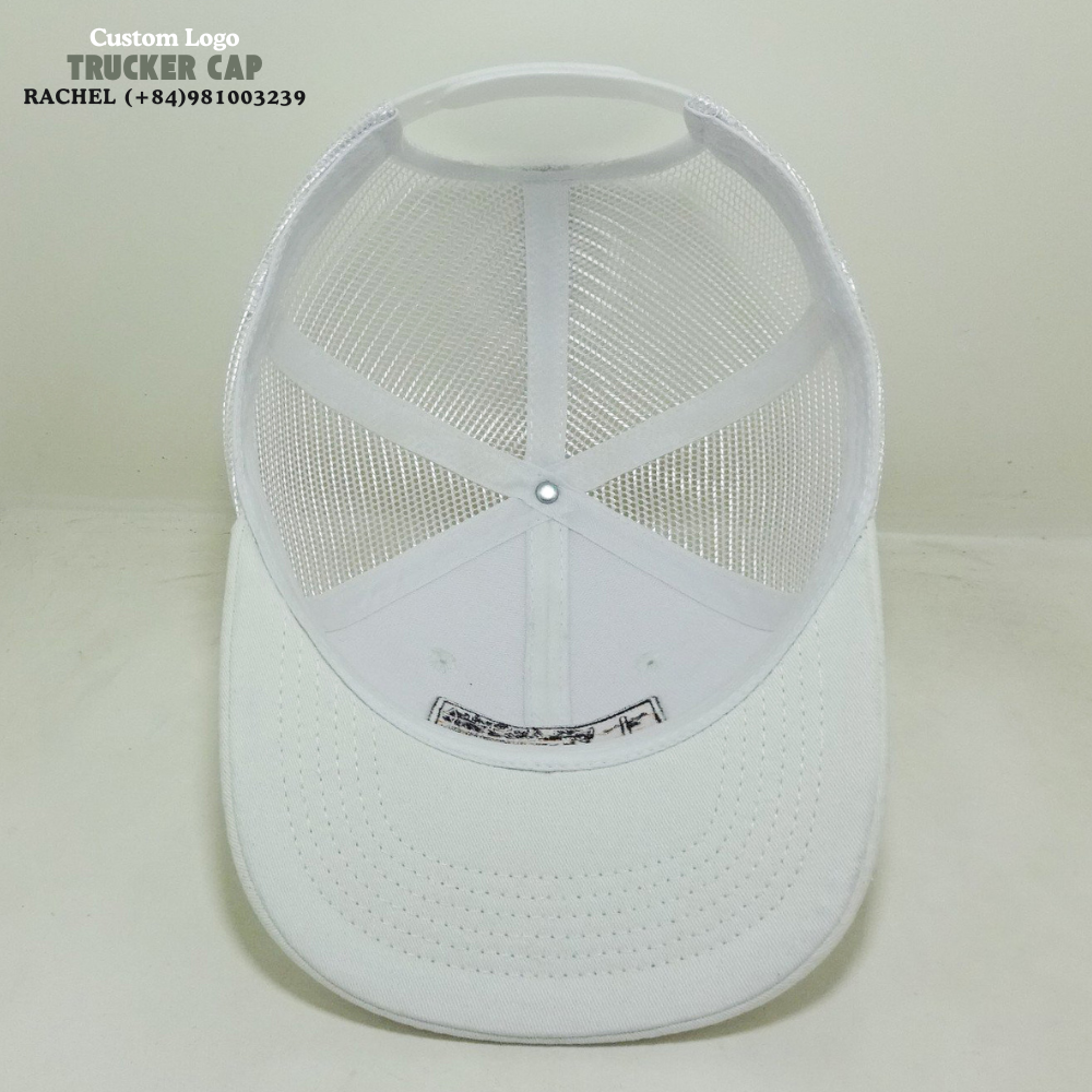 White Trucker Hat 6 Panel Structured Cap Embroidered Logo Patch Slightly Curved Brim Breathable Mesh Adjustable Snapback Closure 6