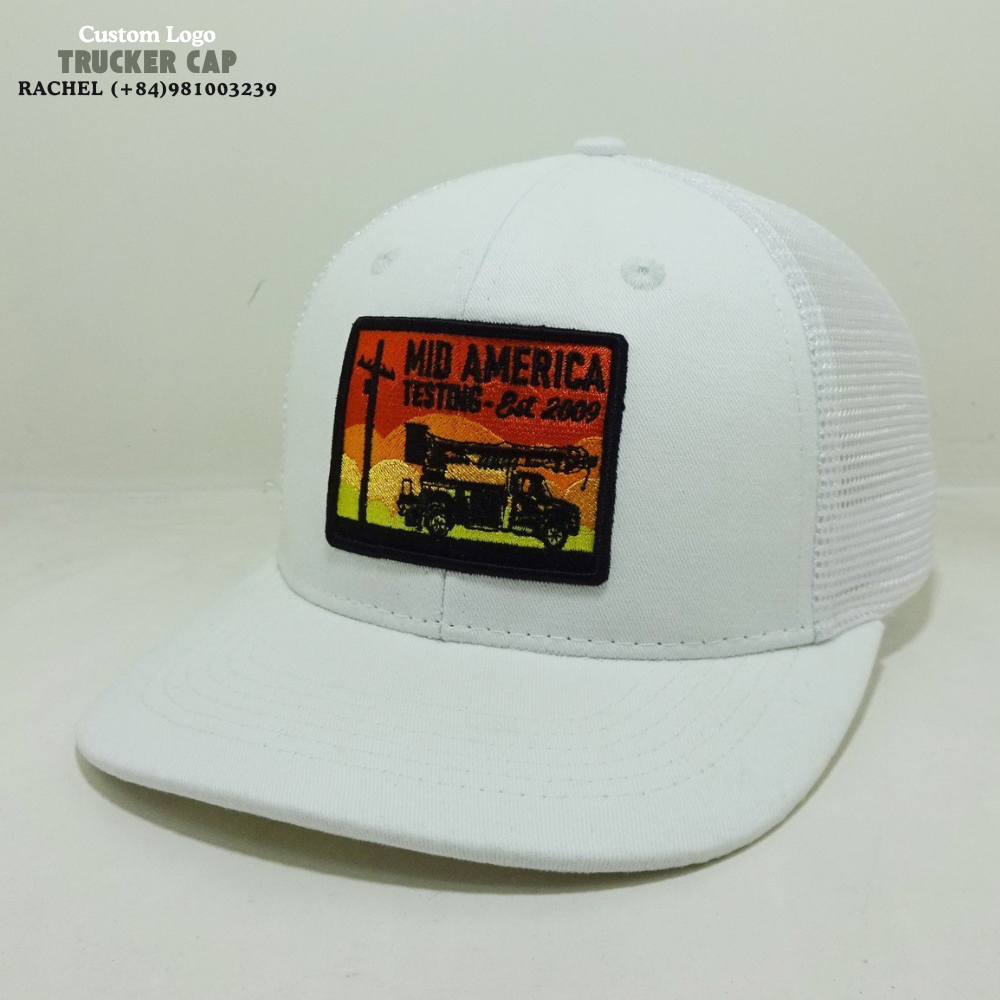 White Trucker Hat 6 Panel Structured Cap Embroidered Logo Patch Slightly Curved Brim Breathable Mesh Adjustable Snapback Closure 3