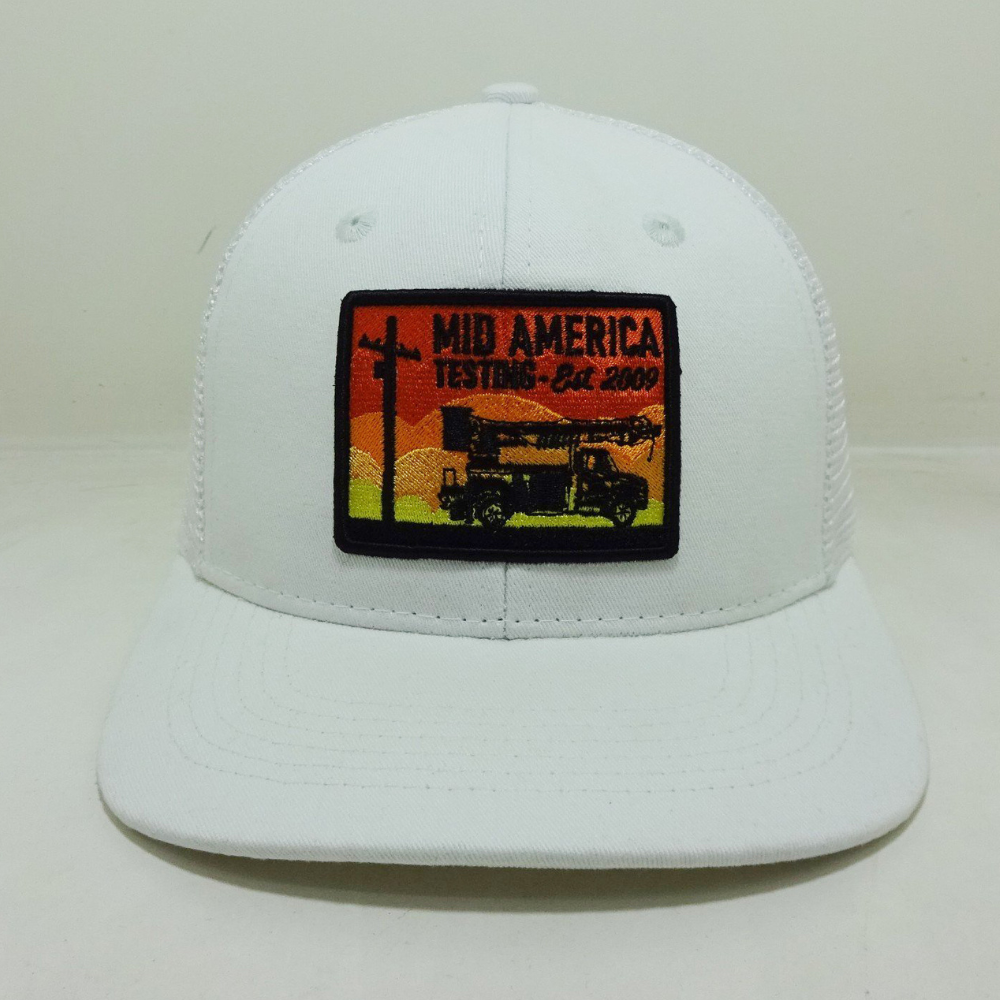 White Trucker Hat 6 Panel Structured Cap Embroidered Logo Patch Slightly Curved Brim Breathable Mesh Adjustable Snapback Closure 2
