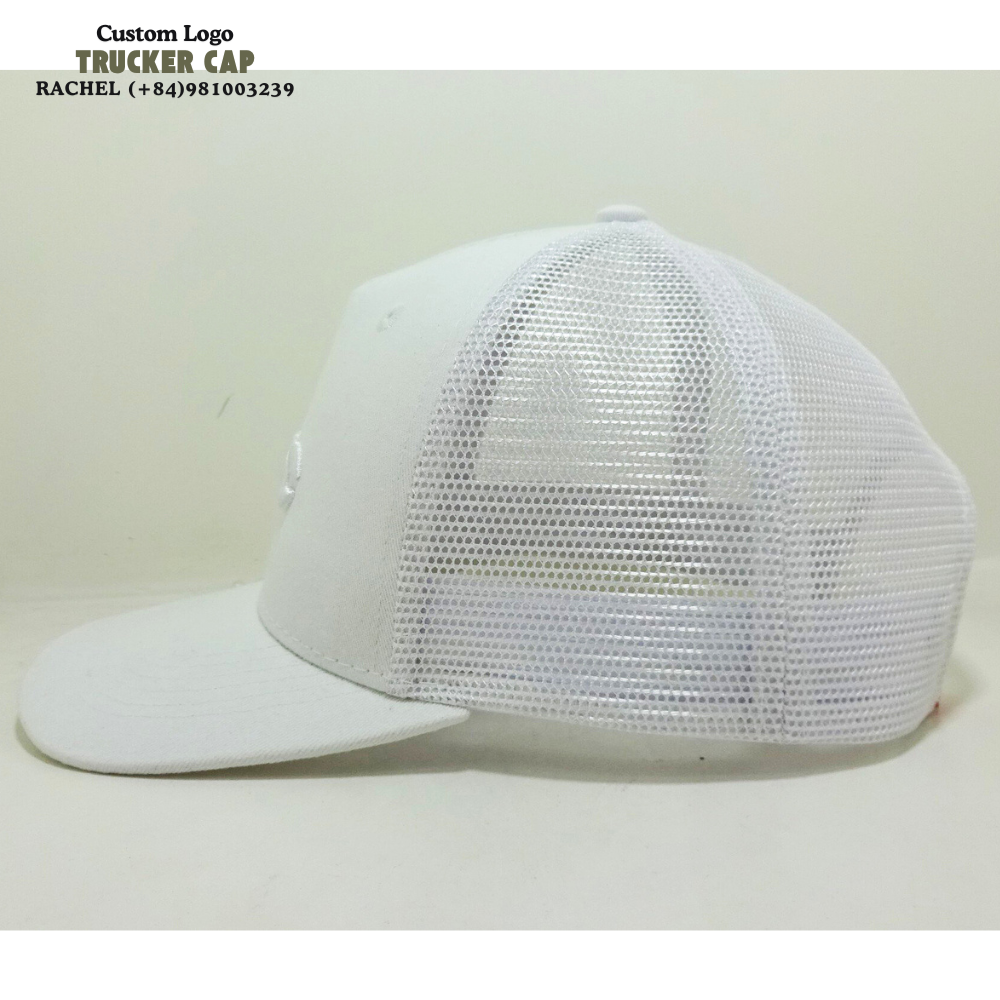 White Trucker Hats 6 Panel Gorras Structured Caps 3D Embroidered Logo On Front And Left Private Label Adjustable Snapback Unisex 4