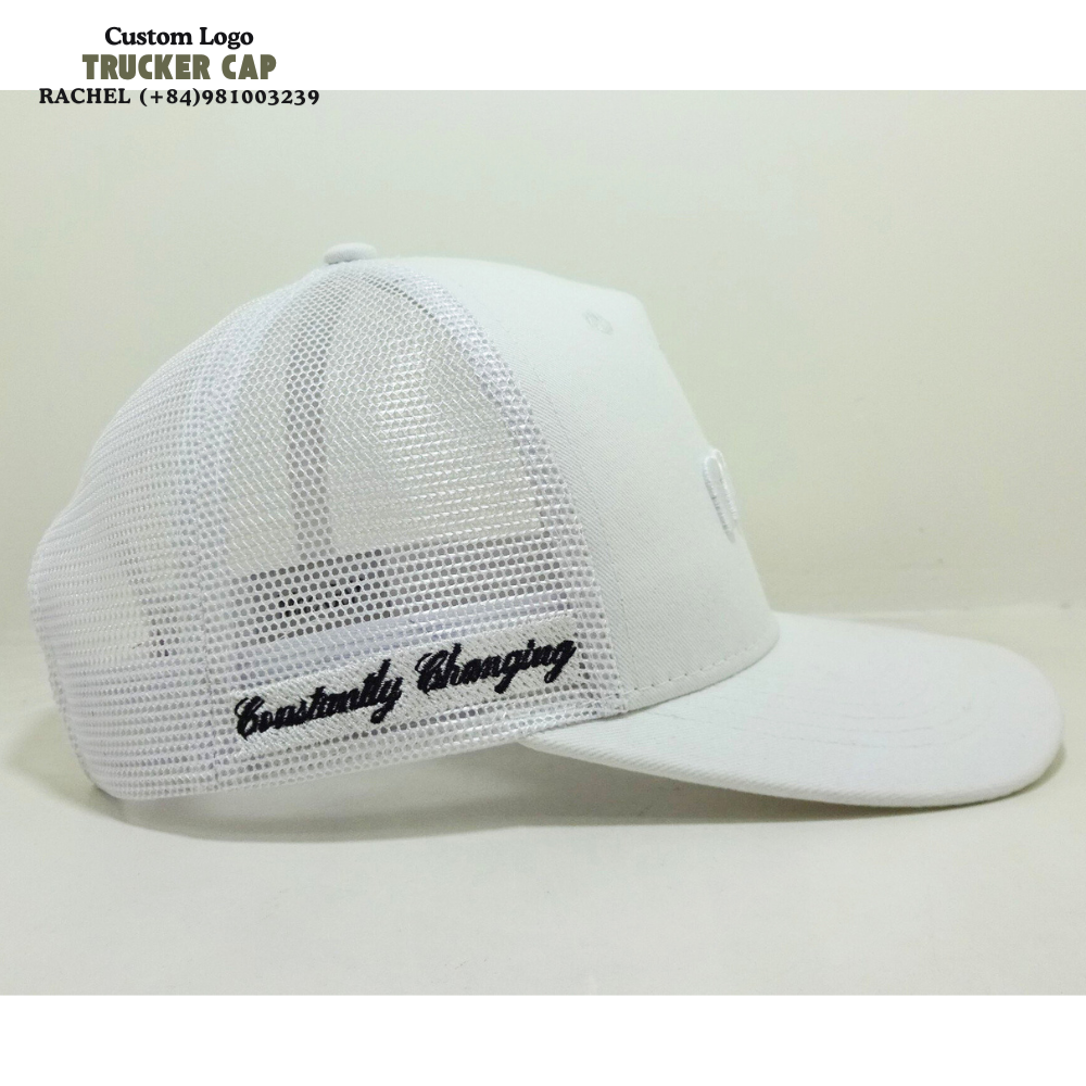 White Trucker Hats 6 Panel Gorras Structured Caps 3D Embroidered Logo On Front And Left Private Label Adjustable Snapback Unisex 5