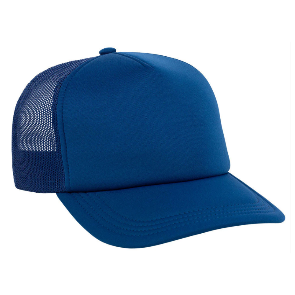 Wholesale 5 Panel Foam Trucker Hat Blue Embroidered Logo on Front Side Breathable Mesh Adjustable Single Row Buckle High Quality 5